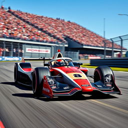 A Porsche Formula One car, designed with sleek aerodynamic features and a modern livery that combines Porsche's iconic colors