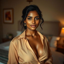 An Indian woman with brown skin, wearing just a blouse that accentuates her curves and offers a hint of cleavage