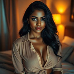 An Indian woman with brown skin, wearing just a blouse that accentuates her curves and offers a hint of cleavage