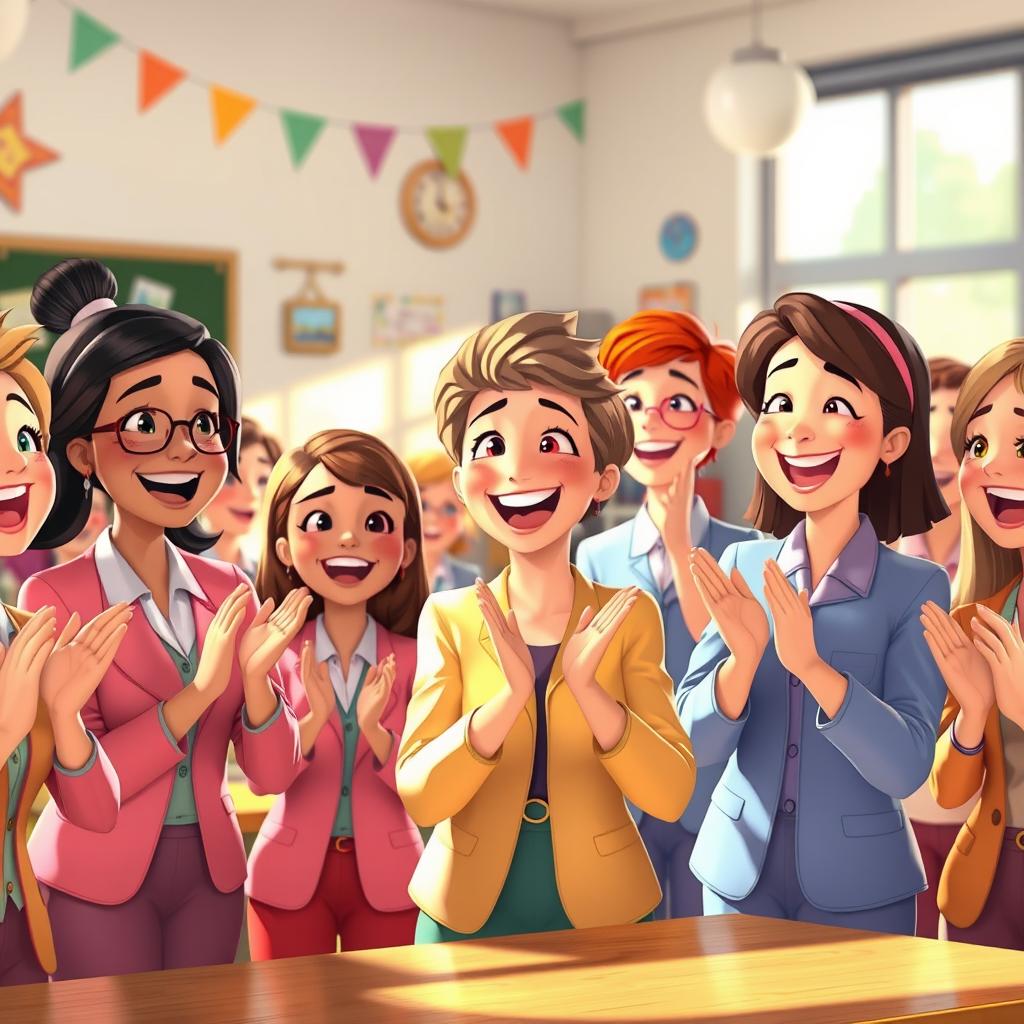 Animated teachers celebrating with joy, a sense of happiness and excitement