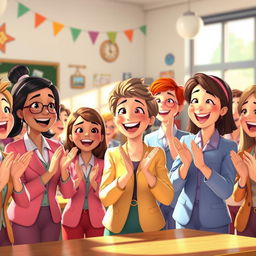 Animated teachers celebrating with joy, a sense of happiness and excitement