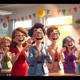 Animated teachers celebrating with joy, a sense of happiness and excitement