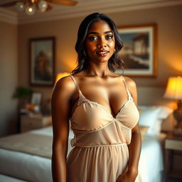 An Indian woman with brown skin, wearing a transparent night dress that hints at her ample bust