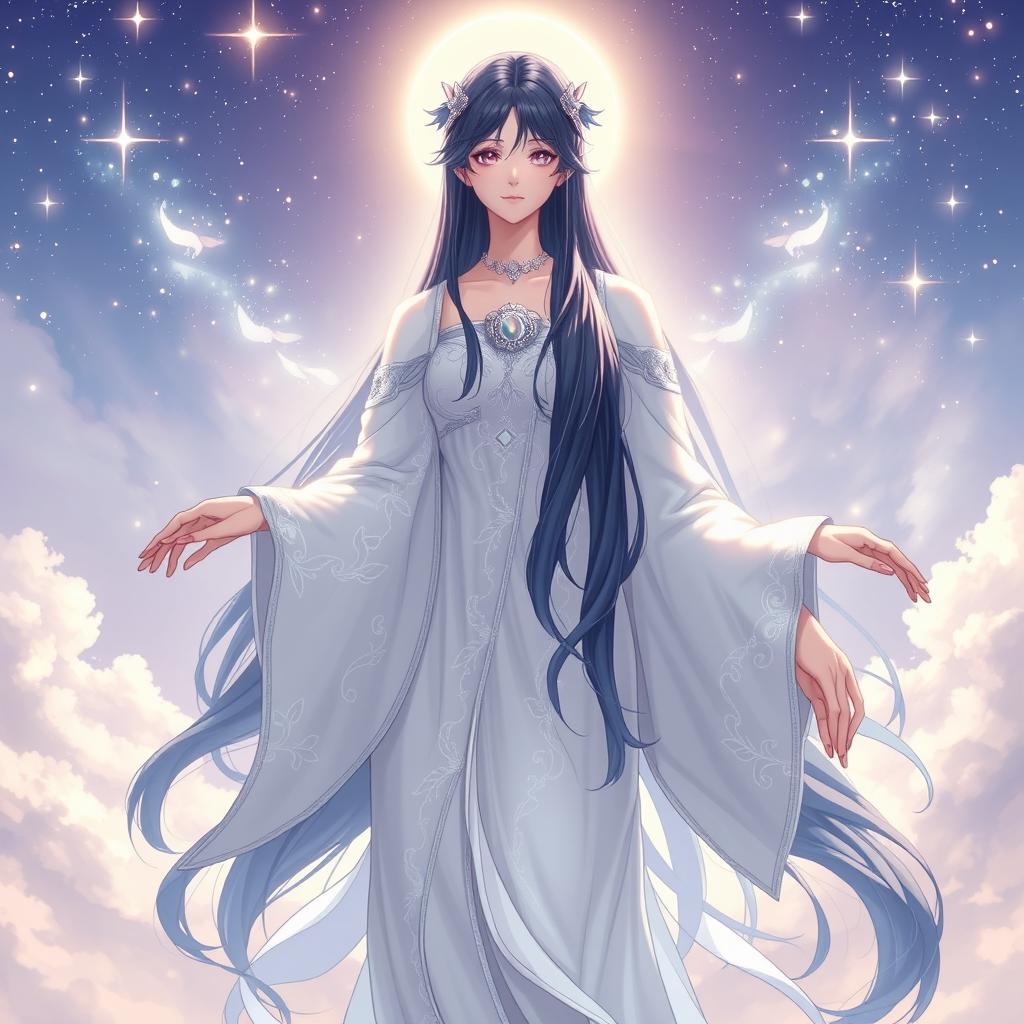 Hinata Hyuuga portrayed as a goddess, standing gracefully with an aura of serenity and divine elegance