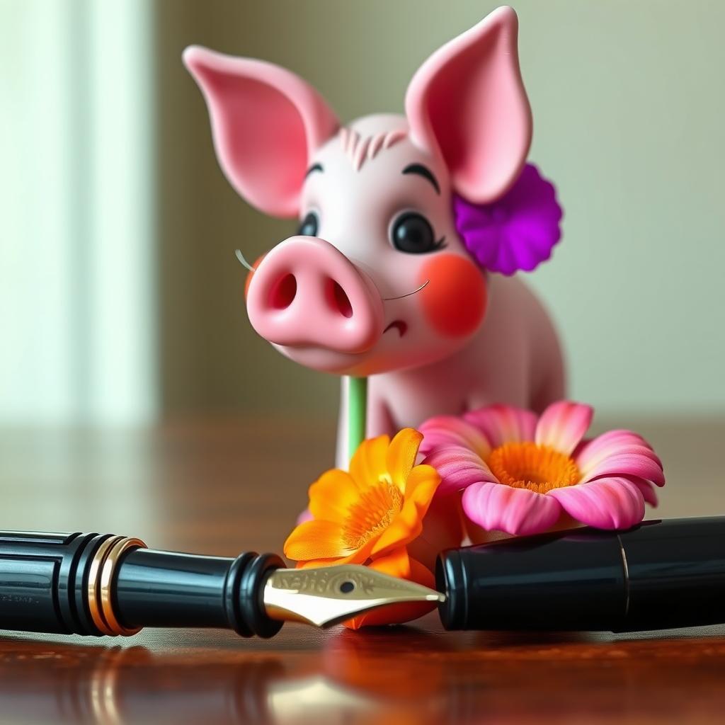 A whimsical arrangement featuring a vibrant, colorful flower beside a classic fountain pen with an intricately designed nib
