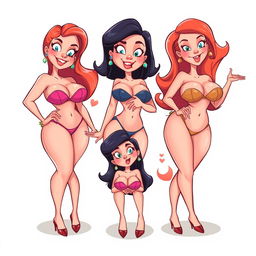 Humorous and sexy cartoon girls, each with exaggerated, voluptuous features, including large breasts and prominent, appealing nipples