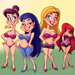 Humorous and sexy cartoon girls, each with exaggerated, voluptuous features, including large breasts and prominent, appealing nipples