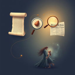 An artistic representation showcasing a series of linked, distinct parts, each symbolizing different definitions: an article represented by a scroll or parchment, an object of attention shown as a magnifying glass highlighting an item of interest, a separate piece of news illustrated as a newspaper headline, and a couple in a romantic embrace under a starlit sky