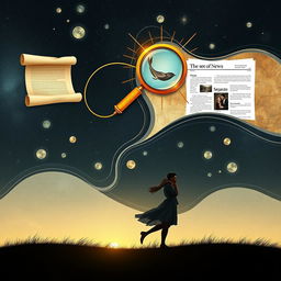 An artistic representation showcasing a series of linked, distinct parts, each symbolizing different definitions: an article represented by a scroll or parchment, an object of attention shown as a magnifying glass highlighting an item of interest, a separate piece of news illustrated as a newspaper headline, and a couple in a romantic embrace under a starlit sky