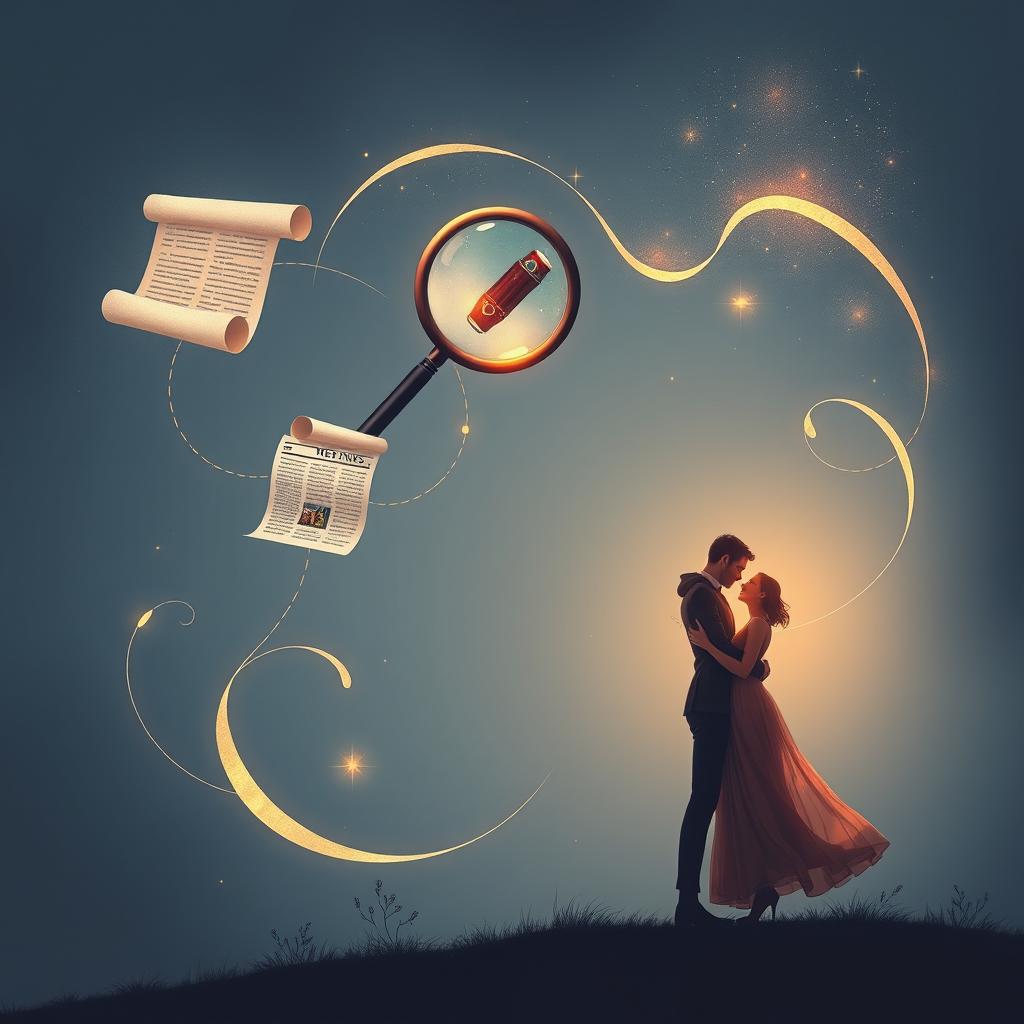 An artistic representation showcasing a series of linked, distinct parts, each symbolizing different definitions: an article represented by a scroll or parchment, an object of attention shown as a magnifying glass highlighting an item of interest, a separate piece of news illustrated as a newspaper headline, and a couple in a romantic embrace under a starlit sky