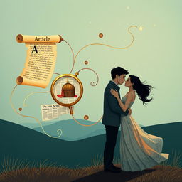 An artistic representation showcasing a series of linked, distinct parts, each symbolizing different definitions: an article represented by a scroll or parchment, an object of attention shown as a magnifying glass highlighting an item of interest, a separate piece of news illustrated as a newspaper headline, and a couple in a romantic embrace under a starlit sky