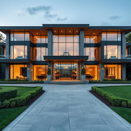 A stunning front view of a modern mansion characterized by sleek lines and expansive glass windows