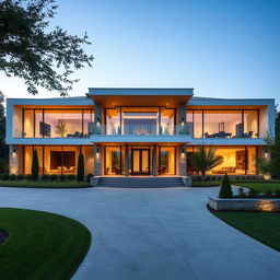 A stunning front view of a modern mansion characterized by sleek lines and expansive glass windows