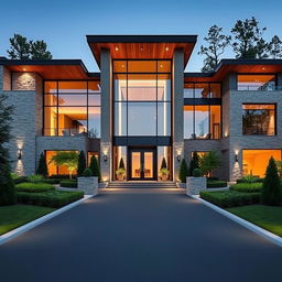 A stunning front view of a modern mansion characterized by sleek lines and expansive glass windows