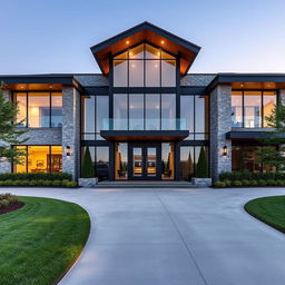 A stunning front view of a modern mansion characterized by sleek lines and expansive glass windows