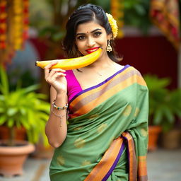 An Indian woman wearing a traditional saree with a contemporary twist, showing a hint of cleavage