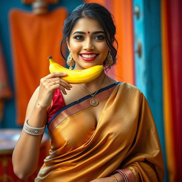 An Indian woman wearing a traditional saree with a contemporary twist, showing a hint of cleavage