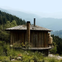 A rustic house atop a scenic mountain, surrounded by untouched nature.