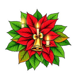 An elegant illustration of a beautifully adorned Christmas poinsettia with bright red petals and lush green leaves, all outlined in striking black contours