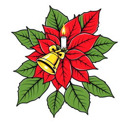 An elegant illustration of a beautifully adorned Christmas poinsettia with bright red petals and lush green leaves, all outlined in striking black contours