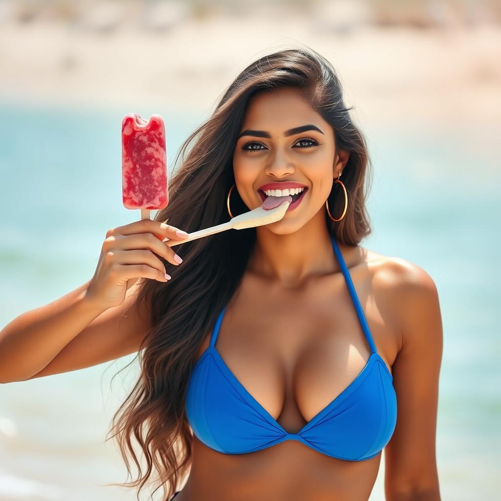 A beautiful Indian woman in a stunning bikini, confidently showcasing her figure