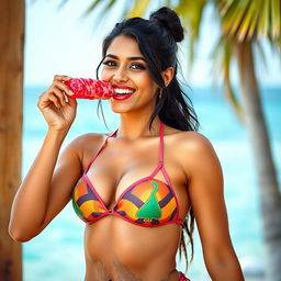 A beautiful Indian woman in a stunning bikini, confidently showcasing her figure