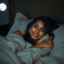 A stunning Indian woman comfortably laying in bed at night, wrapped in soft, elegant bedding