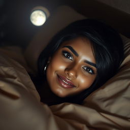 A stunning Indian woman comfortably laying in bed at night, wrapped in soft, elegant bedding