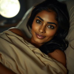 A stunning Indian woman comfortably laying in bed at night, wrapped in soft, elegant bedding