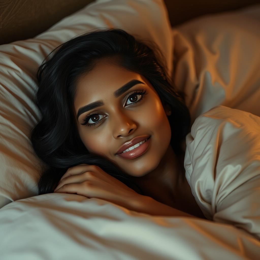 A stunning Indian woman comfortably laying in bed at night, wrapped in soft, elegant bedding