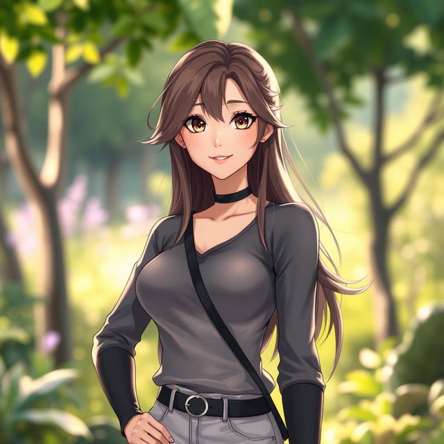 A female character with a confident pose, wearing modern and stylish clothing