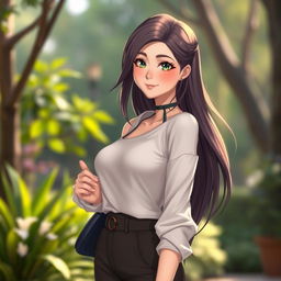 A female character with a confident pose, wearing modern and stylish clothing