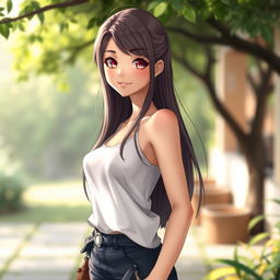 A female character with a confident pose, wearing modern and stylish clothing