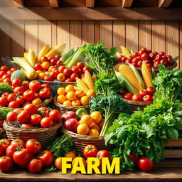 A vibrant and inviting poster showcasing a variety of farm produce