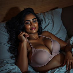 A beautiful, curvy Indian woman comfortably laying in bed at night, exuding confidence and allure