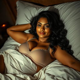 A beautiful, curvy Indian woman comfortably laying in bed at night, exuding confidence and allure