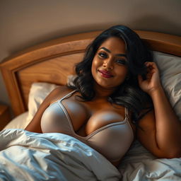 A beautiful, curvy Indian woman comfortably laying in bed at night, exuding confidence and allure