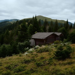 A rustic house atop a scenic mountain, surrounded by untouched nature.