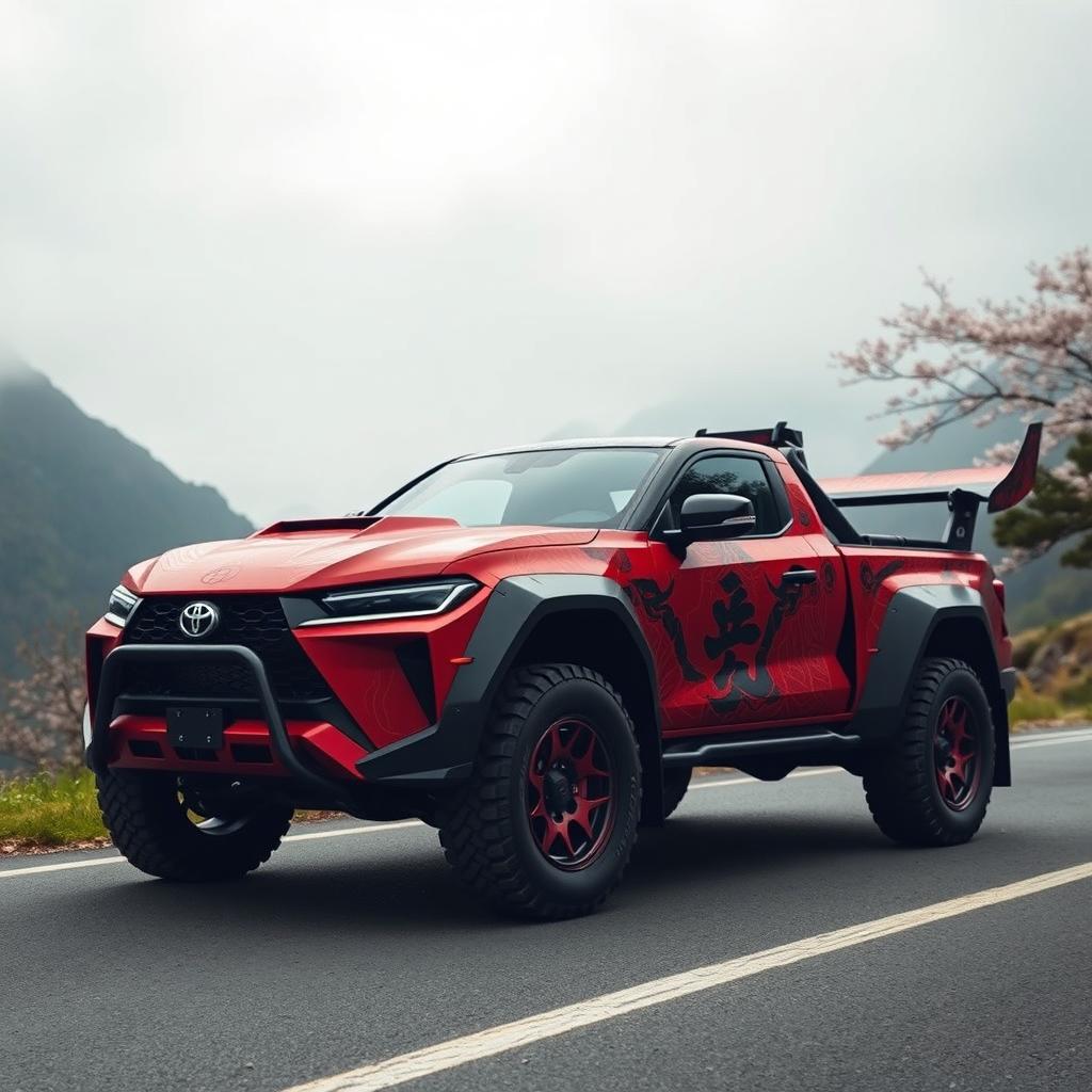 A creative depiction of a Toyota Supra MK4 reimagined as a samurai-themed truck