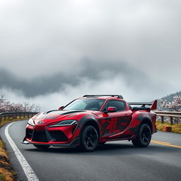 A creative depiction of a Toyota Supra MK4 reimagined as a samurai-themed truck