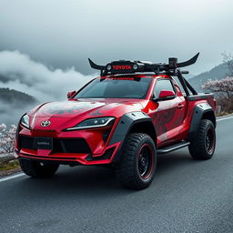 A creative depiction of a Toyota Supra MK4 reimagined as a samurai-themed truck