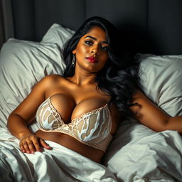 A captivating Indian woman with a voluptuous figure, reclining comfortably in bed at night