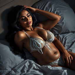 A captivating Indian woman with a voluptuous figure, reclining comfortably in bed at night