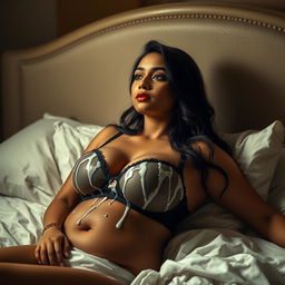 A captivating Indian woman with a voluptuous figure, reclining comfortably in bed at night