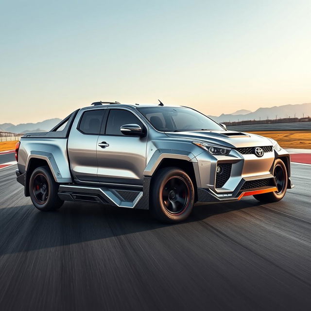 An inventive automotive design merging the rugged Toyota Hilux with the high-performance aesthetics of a Nissan GTR