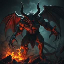 A fierce and enraged demon with sharp claws and glowing red eyes, standing amid a dark, fiery landscape