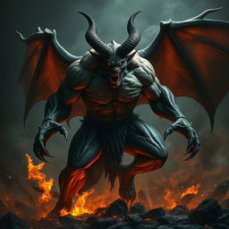 A fierce and enraged demon with sharp claws and glowing red eyes, standing amid a dark, fiery landscape