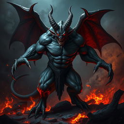 A fierce and enraged demon with sharp claws and glowing red eyes, standing amid a dark, fiery landscape