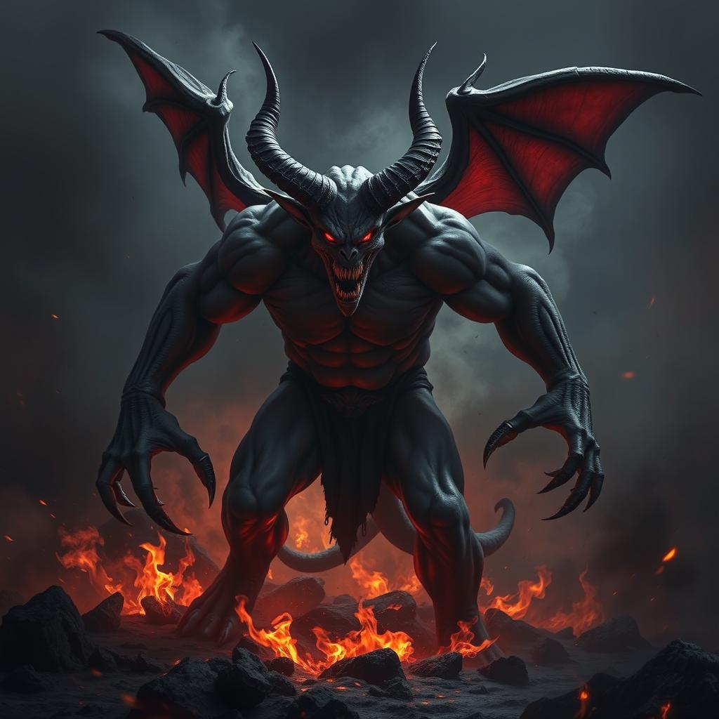 A fierce and enraged demon with sharp claws and glowing red eyes, standing amid a dark, fiery landscape