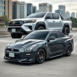 A unique automotive concept combining elements of a Toyota Hilux, a sedan, and a Nissan GTR